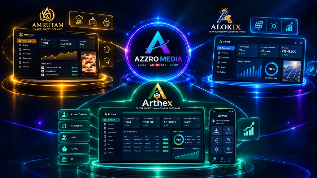 Azzro Media Ecosystem - Custom Software Showcase (Amrutam POS, ALOKIX Solar ERP, Arthex Financial Software)